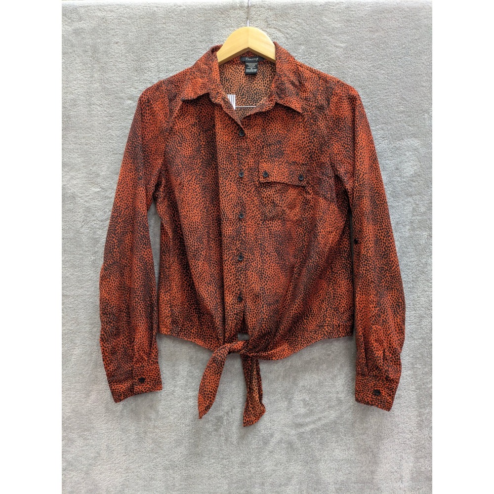Boho Animal Print Button Up Shirt Womens Medium Rust Tie Front Roll Tab Timing